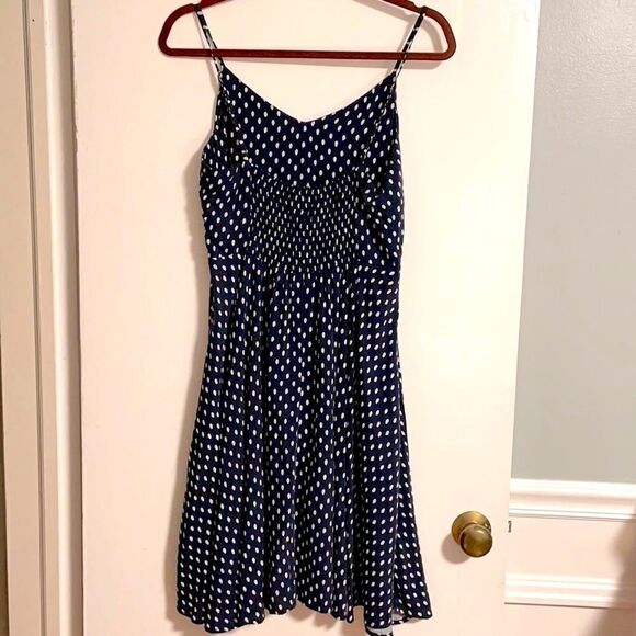 GAP navy & white polka dot spaghetti strap full skirt smock back rayon dress S - Picture 3 of 8